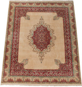Indian Kerman design carpet with vivid raspberry floral medallion, rococo vines, and Safavid dragon border.