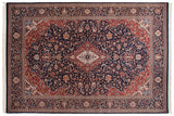 Vintage Indian Kashan design carpet, navy blue field, cherry red medallion, scrolling vinery, 9'11