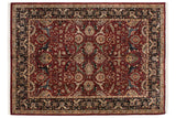 Vintage Agra carpet with a cherry red field, an intricate allover arabesque design, and a dark navy blue border.