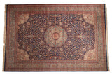 Vintage Indian Ardebil design carpet, navy blue, roundel medallion, thousand flower motif.
