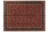 Vintage Agra carpet with an allover arabesque and Samovar design in brick red, navy blue, and ivory.