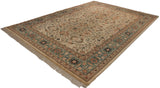 Corner of vintage Pakistani rug showcasing ocean green floral border and ivory Herati design field.