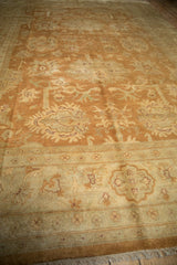 Soft plush wool pile with floral and cartouche main border in beige and copper.