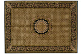 Indian Savonnerie design carpet with a roundel medallion on a gold lattice field and black floral border.