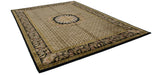 Angled perspective of the Indian Savonnerie carpet showing the lustrous wool and dark floral border.