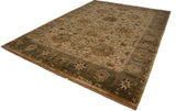 Vintage Sultanabad design rug corner, showing olive green floral border and delicate fringe.