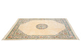 Perspective view of a vintage Peking carpet's plush pile, roundel medallion, and scrolling vine borders.