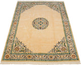 High-angle perspective of the vintage Japanese Peking carpet's full design and ivory field.