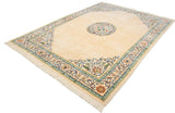 Angled view of a vintage Japanese Peking carpet highlighting its central medallion on an open ivory field.