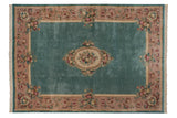 Vintage Japanese Savonnerie carpet, aqua green field, rose medallion, mauve border, 9'10