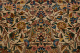 Detailed view of floral cross-sections and arabesques in blush, saffron yellow, and cobalt blue.