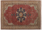 Vintage Kaisary carpet with a starburst medallion, featuring brick red, navy blue, and ivory florals.