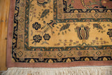 Vintage Mohajeran Sarouk rug corner with dusty rose selvage, fringe, and floral patterns.