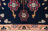 Ornate floral cross-sections in red and beige against the navy blue field and pale blush border.
