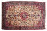 Vintage Tabriz carpet: red roundel medallion, hunting scene, and millefleur floral on ivory.