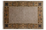 Indian Savonnerie design carpet with a tone-on-tone beige floral field and an ornate gold, blue, and terracotta border.