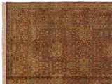 Agra carpet corner with cream fringe, original selvage, and copper, gold, olive floral vinery.