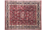 Fine Indian American Sarouk carpet, deep black cherry red allover floral sprays, navy cartouche border, 12' x 15'.
