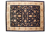 Vintage Agra carpet, sprawling floral palmettes and vinery on dark blue field, ivory border.