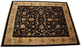 Agra carpet corner: black field with sprawling floral cross sections and ivory meandering border.