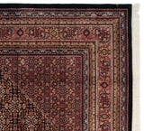 Indian Bijar rug corner with wine red and indigo floral borders, black edge, and white fringe.