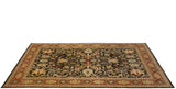Sprawling floral palmettes on a dark chocolate brown field, shown from a low angle.