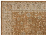 Hand-knotted Indian Oushak rug corner, bronze field with palmette motifs, ivory border.