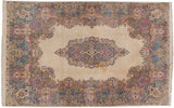 Kerman carpet upper right corner, Rococo floral spandrel, blue, pink, ivory field, wool staining.
