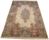 Hand-knotted vintage Kerman carpet corner, Rococo blossomed plant floral sprays, blue, pink.