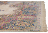 Intact fringe and ivory main border with blue, pink blossomed floral sprays on vintage Kerman rug.