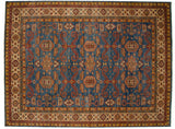 Detail of the corner showing the full pile and Perpedil motifs of a Caucasian design carpet.
