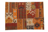 Hand woven patchwork Kilim rug with geometric motifs, warm tones, and cross stitch seams, 4'2