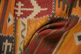 Simulated seams with raised cross-hatch stitching on a hand-woven patchwork kilim.