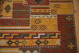 Warm-toned geometric kilim panels with white cross-stitch simulated seams.