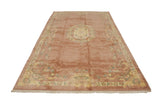 Vintage Indian Aubusson design carpet corner, rose field, pastel floral border, ivory fringe.