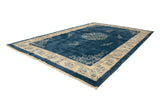 Thick plush pile vintage Indian Peking carpet, cobalt blue field, ivory cloudband border.