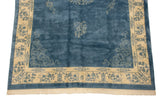 Plush sky blue pile with ivory border detailing blue germinating plant motifs and fringe.
