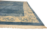 Plush sky blue vintage Indian Peking carpet corner; ivory border with floral and cloudband motifs.