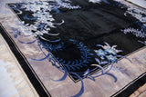 Chinese Art Deco rug corner detail with fringe, platinum border, and blue floral design.