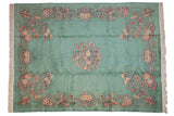 Hand-knotted Vintage Chinese Art Deco carpet, mint green, embossed rose floral medallion, 8'10