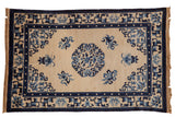 Vintage Peking rug, blue shadow medallion, floral vinery on ivory field, 4' x 6'3