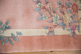 Dimensional embossed Art Deco floral sprays in dusty rose, mint, silver, mauve.
