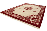 Vintage Indian Peking carpet corner: cherry red pearl and butterfly motifs on ivory.