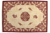 Vintage Indian Peking rug, ivory field, cherry red roundel medallion, scrolling vinery.
