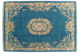 Vintage Indian Aubusson carpet, sky blue field, oblong floral medallion, and ornate border, 10x14.