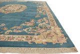 Vintage Indian Aubusson design carpet: floral border in sky blue, blush, pale gold, with fringe.