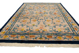 Tinted fringe and cobalt blue border on a vintage Indian Arts and Crafts rug.