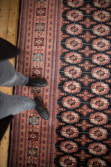 A Bokhara carpet's plush pile, contrasting the detailed geometric border with the dark gul-patterned field.