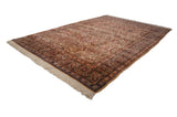 Vintage hand knotted Kerman carpet, ivory floral field, oxidized silver and burgundy palmette border.