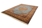 Vintage Romanian Tabriz carpet with a scalloped saffron medallion on a powder blue field and ornate floral borders.